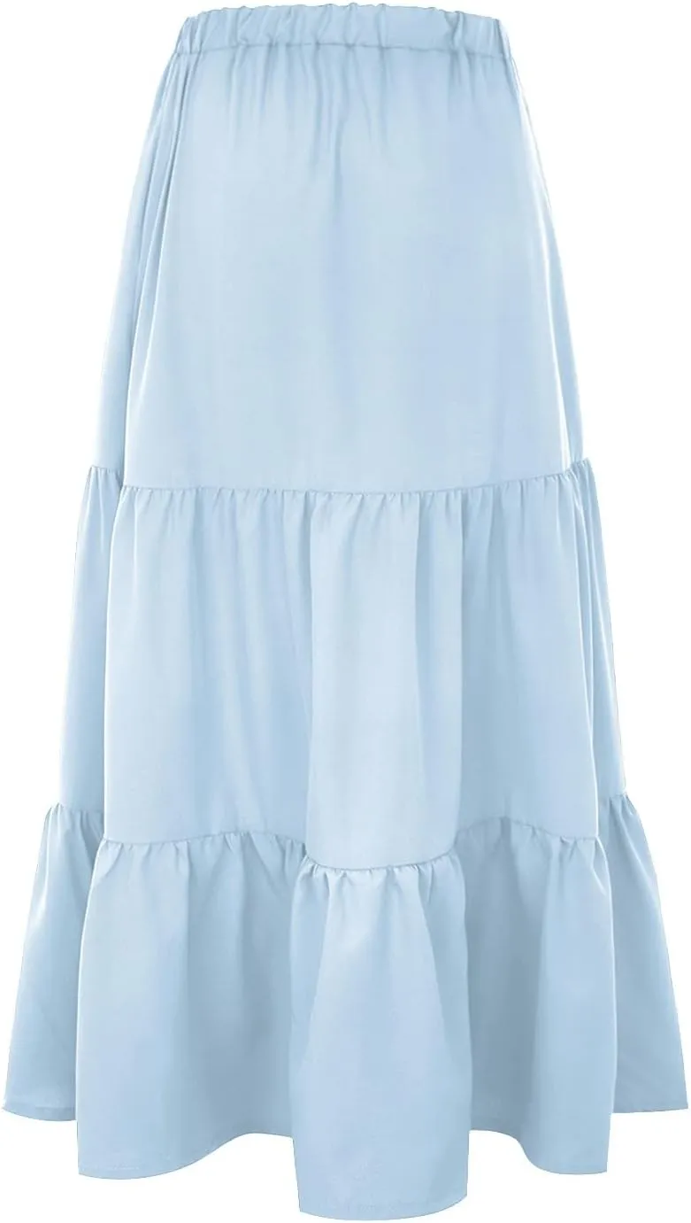Skirt Long Swing Womens Dress Boho Pleated Elastic Waist with Pockets Flowy Summer A Line Belly Fringe Skirt
