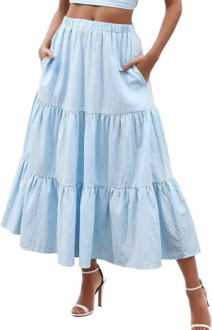 Skirt Long Swing Womens Dress Boho Pleated Elastic Waist with Pockets Flowy Summer A Line Belly Fringe Skirt