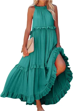 Smocked Dress Women Summer Sleeveless Tank Halter Tie Back Loose Flowy Ruffle Tiered Maxi Dress with Pockets