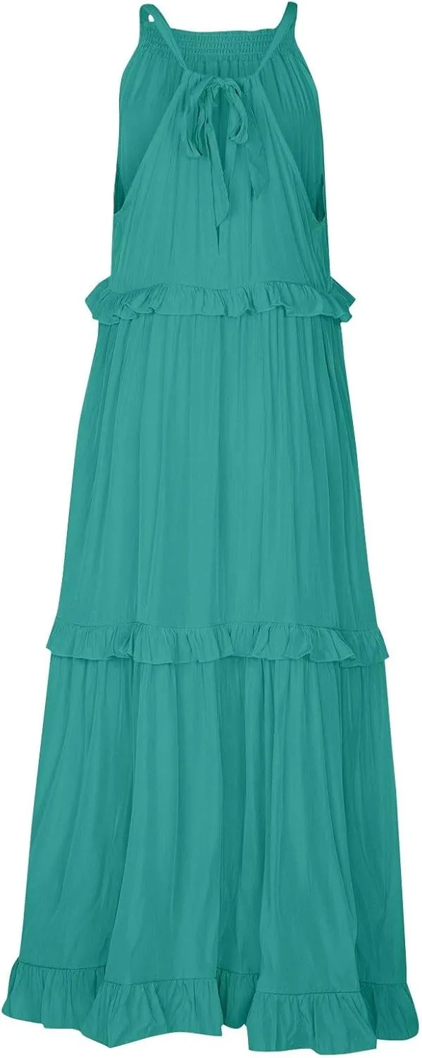 Smocked Dress Women Summer Sleeveless Tank Halter Tie Back Loose Flowy Ruffle Tiered Maxi Dress with Pockets