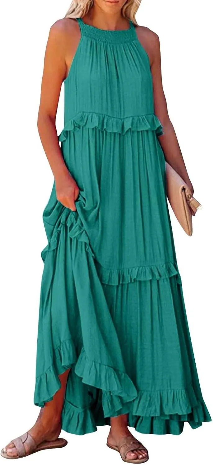 Smocked Dress Women Summer Sleeveless Tank Halter Tie Back Loose Flowy Ruffle Tiered Maxi Dress with Pockets