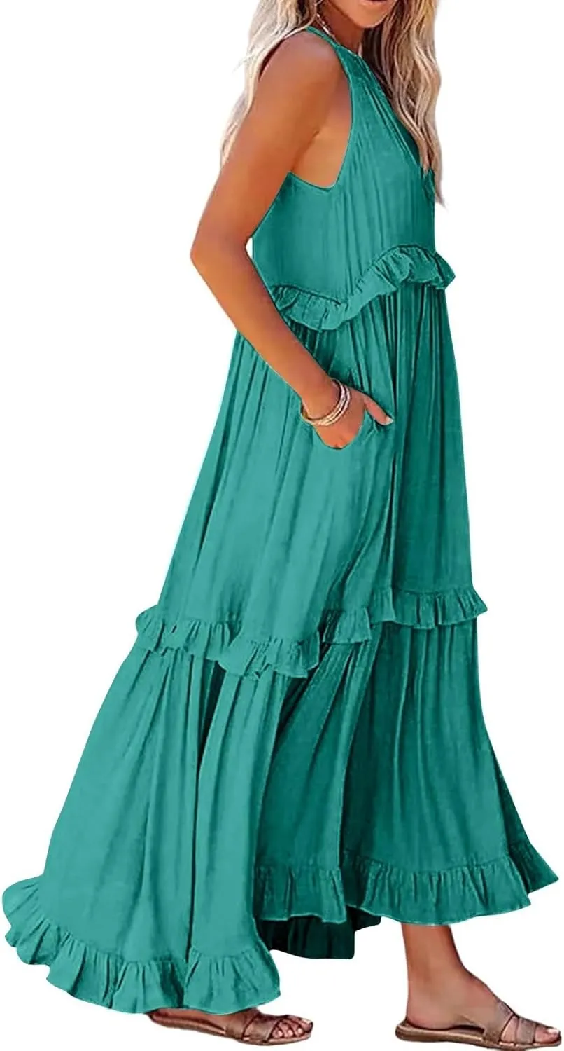 Smocked Dress Women Summer Sleeveless Tank Halter Tie Back Loose Flowy Ruffle Tiered Maxi Dress with Pockets