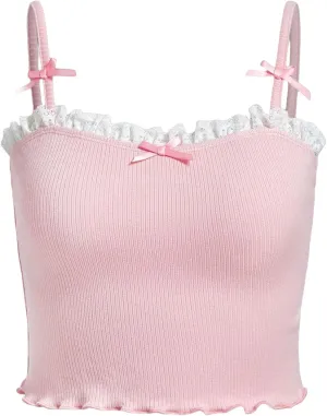 SOLY HUX Girl's Lace Trim Bowknot Cute Camisole Spaghetti Strap Fitted Crop Tops Coquette Aesthetic Clothes