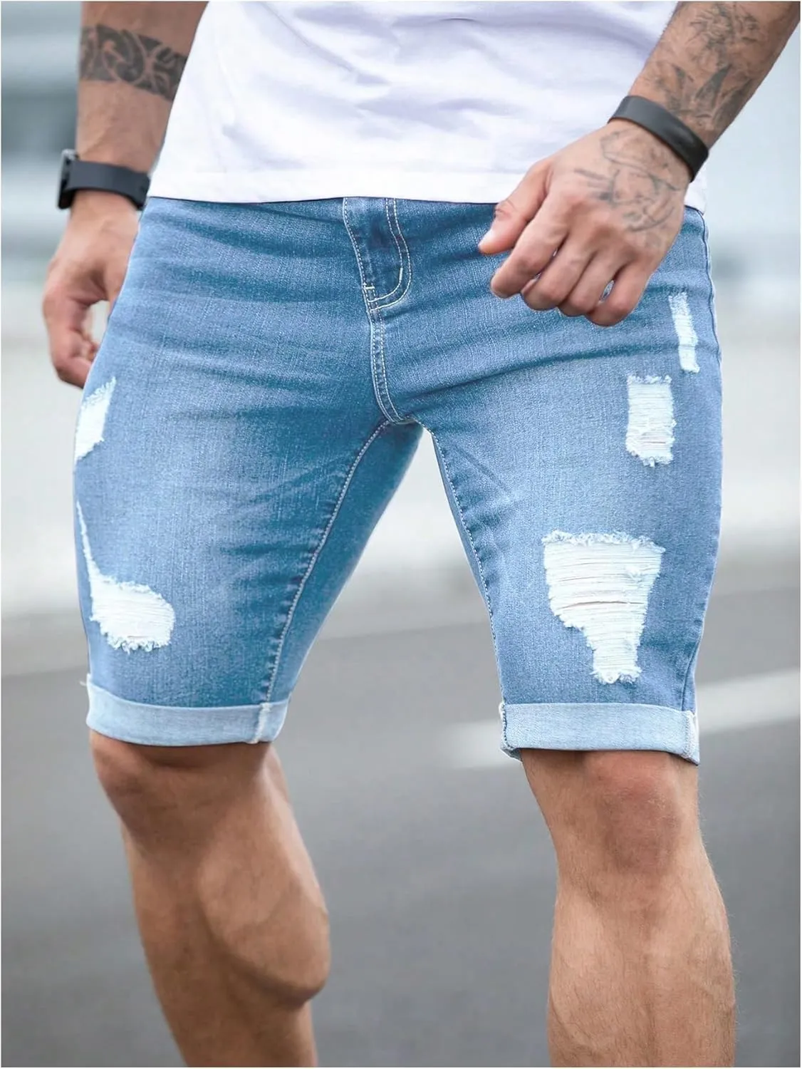SOLY HUX Men's Distressed Jean Shorts Ripped Bermuda Denims Casual Fitted Streetwear