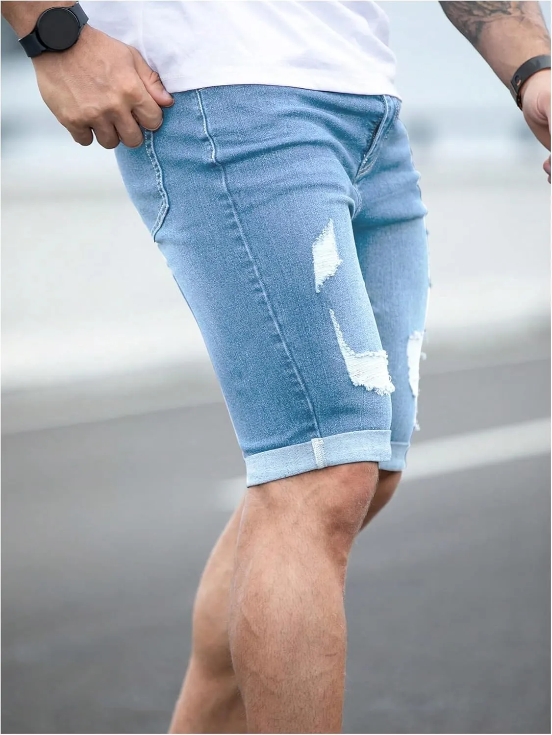 SOLY HUX Men's Distressed Jean Shorts Ripped Bermuda Denims Casual Fitted Streetwear
