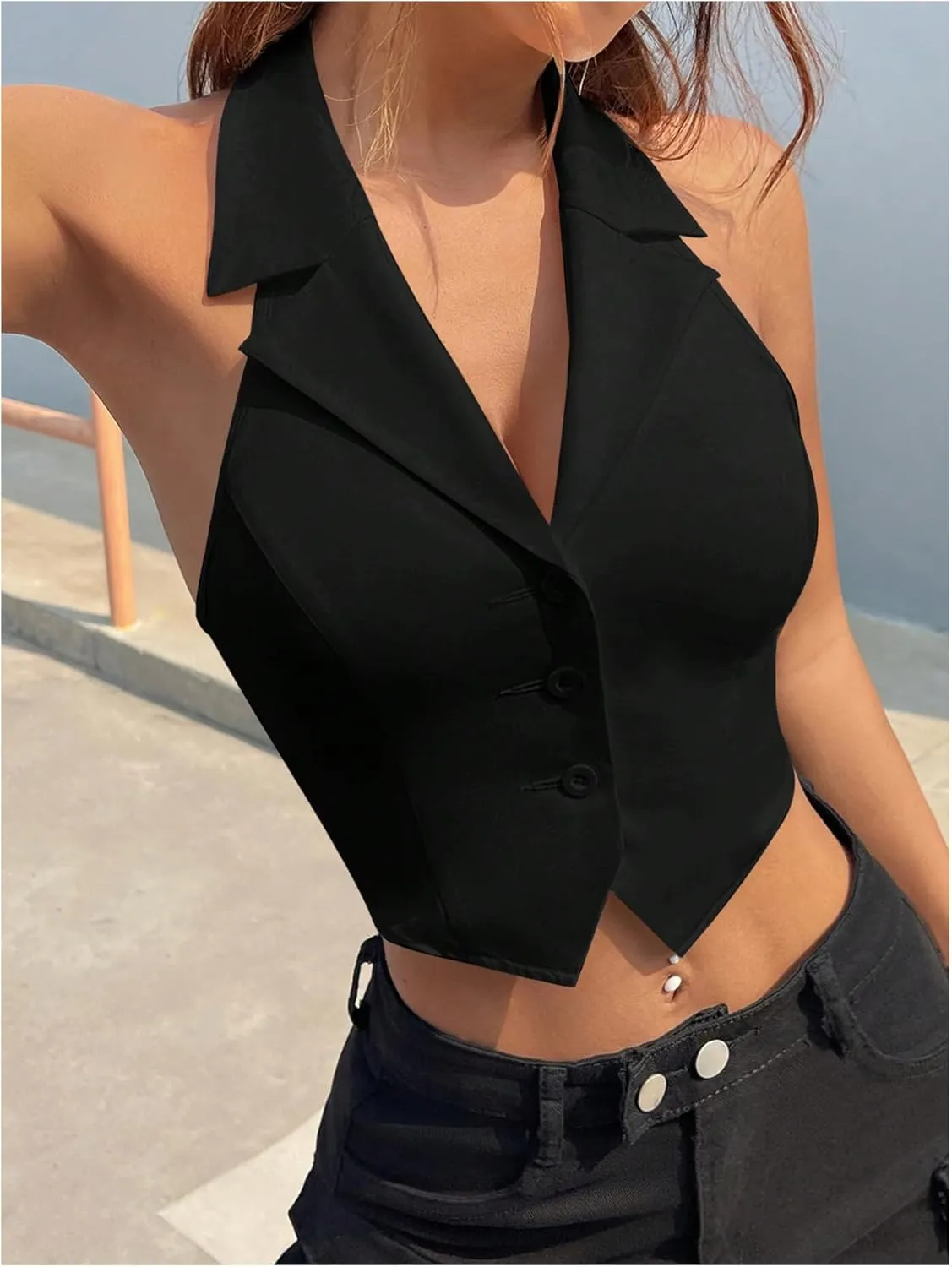SOLY HUX Women's Halter V Neck Vest Button Down Backless Crop Tank Tops Sleeveless Blazer Waistcoat