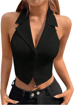 SOLY HUX Women's Halter V Neck Vest Button Down Backless Crop Tank Tops Sleeveless Blazer Waistcoat