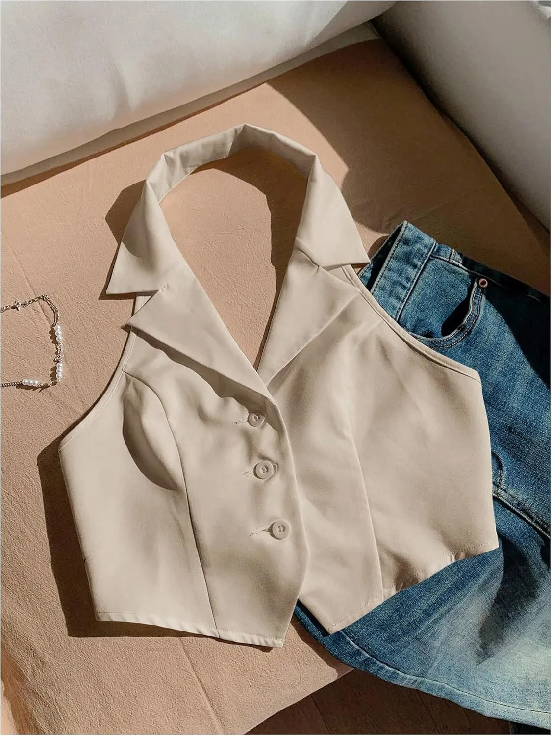 SOLY HUX Women's Halter V Neck Vest Button Down Backless Crop Tank Tops Sleeveless Blazer Waistcoat