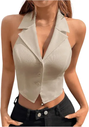 SOLY HUX Women's Halter V Neck Vest Button Down Backless Crop Tank Tops Sleeveless Blazer Waistcoat