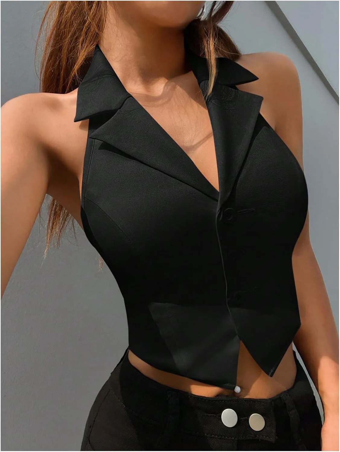 SOLY HUX Women's Halter V Neck Vest Button Down Backless Crop Tank Tops Sleeveless Blazer Waistcoat