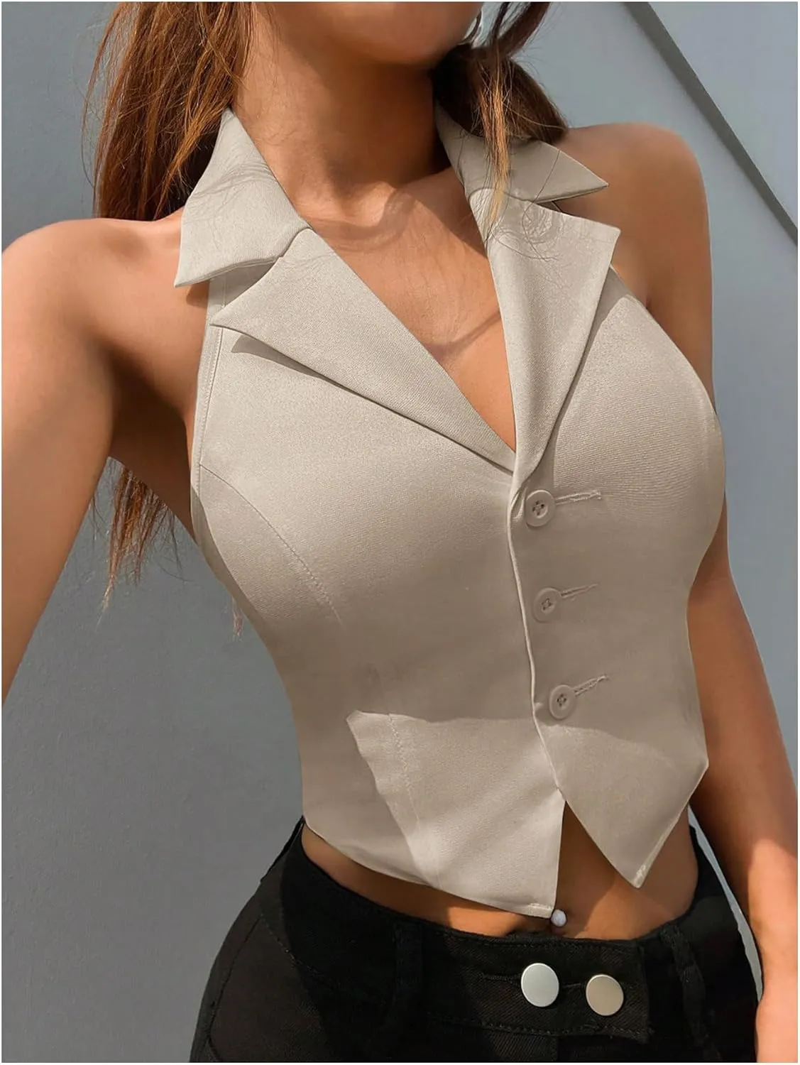 SOLY HUX Women's Halter V Neck Vest Button Down Backless Crop Tank Tops Sleeveless Blazer Waistcoat