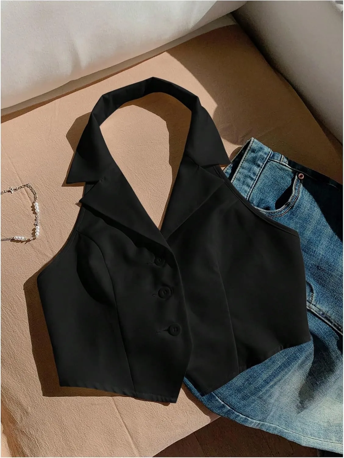 SOLY HUX Women's Halter V Neck Vest Button Down Backless Crop Tank Tops Sleeveless Blazer Waistcoat