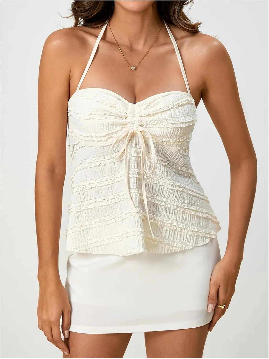 SOLY HUX Women's Peplum Halter Crop Tops Y2K Drawstring Tie Ruched Dressy Casual Spaghetti Strap Cami Top