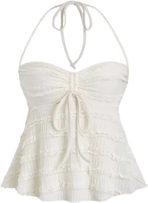 SOLY HUX Women's Peplum Halter Crop Tops Y2K Drawstring Tie Ruched Dressy Casual Spaghetti Strap Cami Top