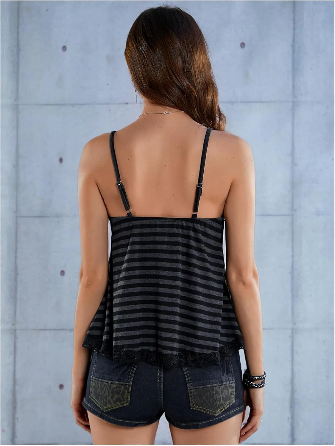 SOLY HUX Womens Y2K Lace Cami V Neck Sleeveless Striped Shirt Spaghetti Strap Camisole Gothic Tops