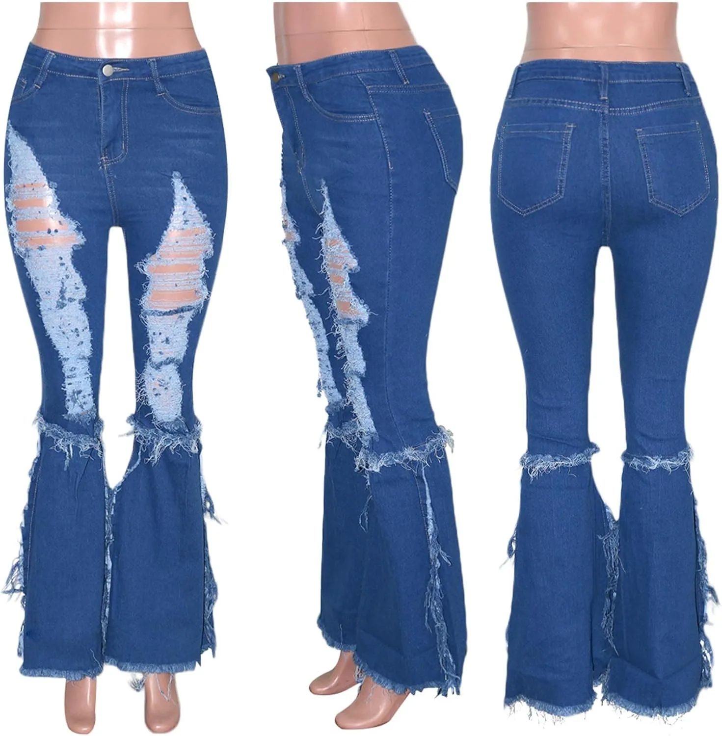 SOMTHRON Women's Tassel High Waisted Ripped Skinny Jeans Distressed Destroyed Long Fringe Denim Pants Hip Hop Streetwear