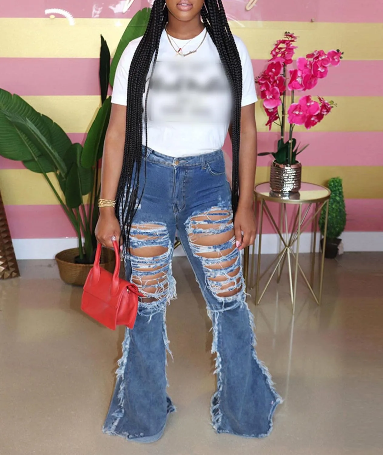 SOMTHRON Women's Tassel High Waisted Ripped Skinny Jeans Distressed Destroyed Long Fringe Denim Pants Hip Hop Streetwear
