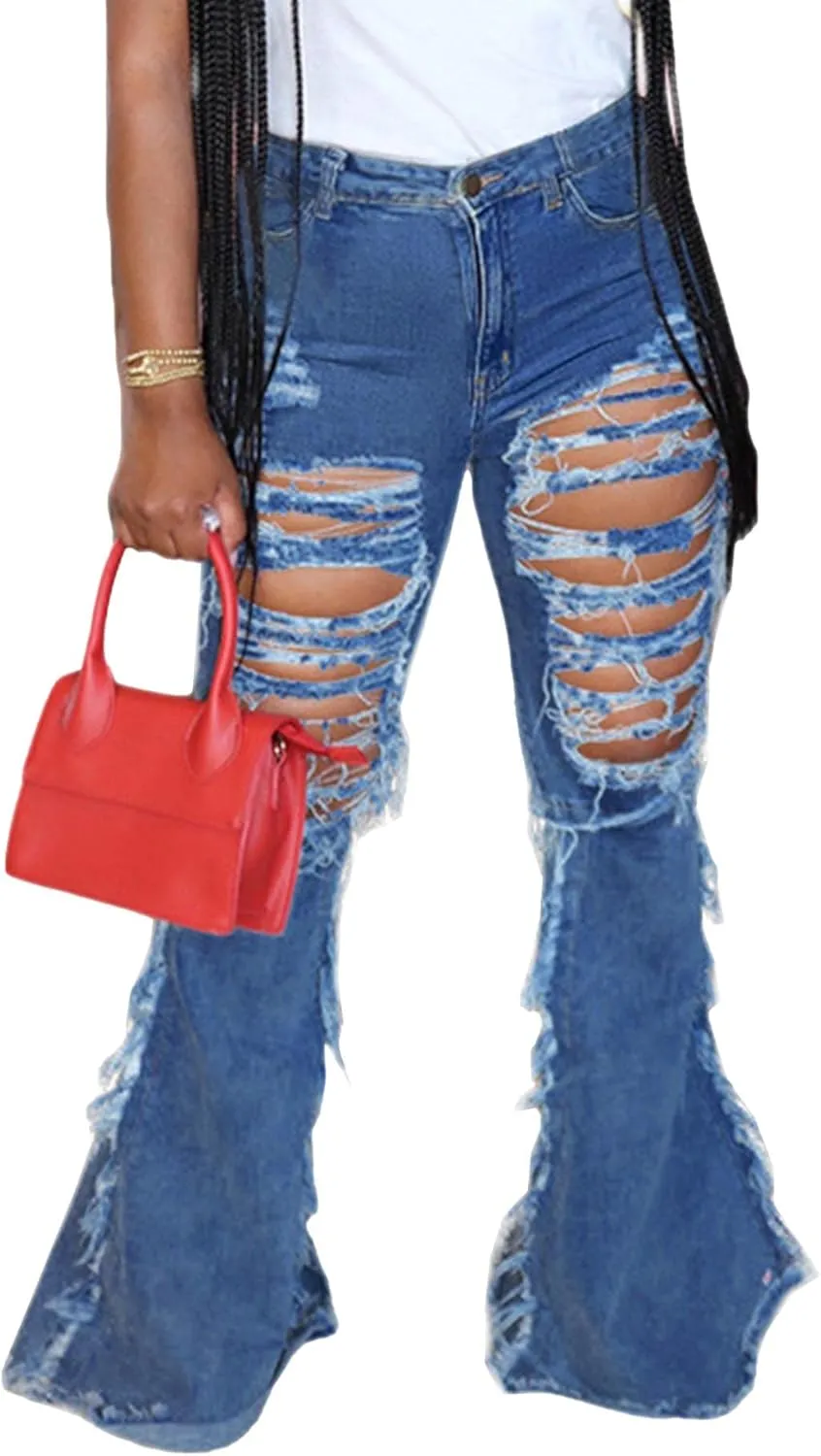 SOMTHRON Women's Tassel High Waisted Ripped Skinny Jeans Distressed Destroyed Long Fringe Denim Pants Hip Hop Streetwear