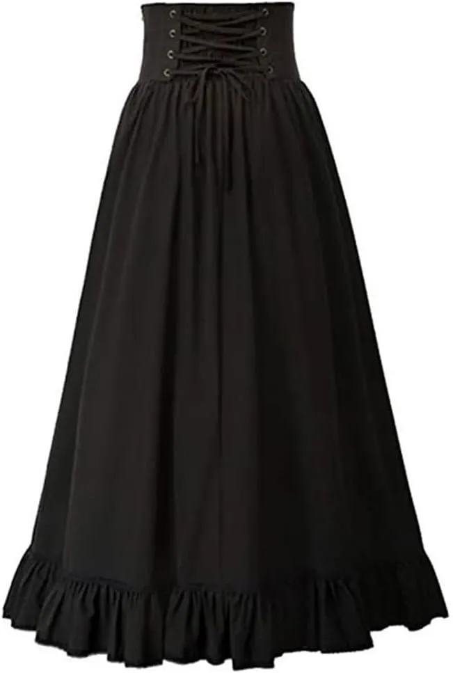 Sorrica Women Victorian Vintage High Waist Long Skirt High Waist Lace Up Renaissance Maxi Skirts
