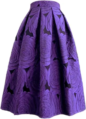 Spring Autumn Vintage Elegant Floral Print Aesthetic Y2k Purple Rose Pleated Long Midi Skirt