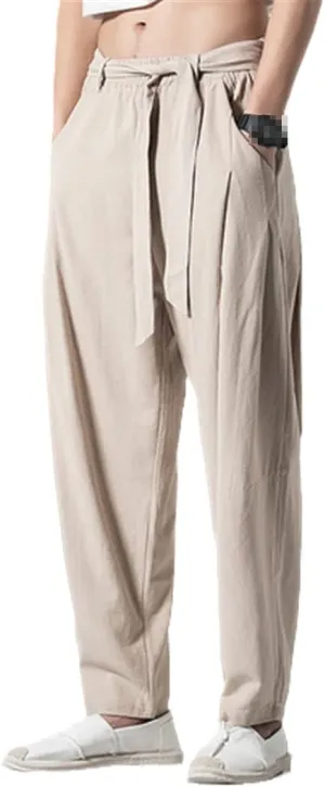 Spring Summer Harem Pants Men Casual Sweatpants Elastic Waist Linen Joggers Pants Hip Hop Trousers