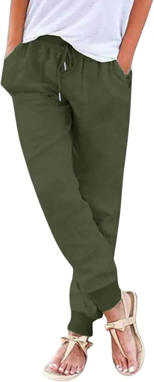 Straight Leg Cotton Linen Pants Women Lightweight Fashion Summer Casual Pants with Pockets Drawstring Loose Trousers
