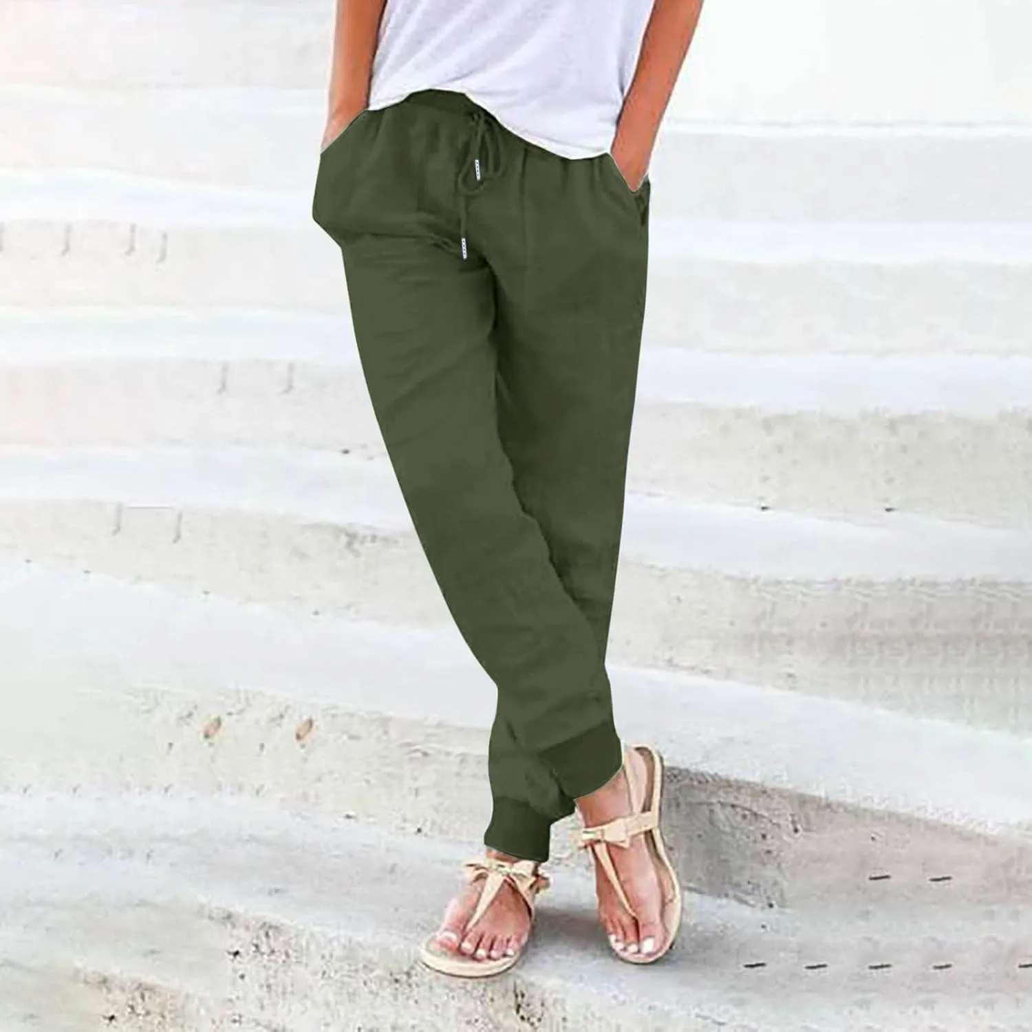 Straight Leg Cotton Linen Pants Women Lightweight Fashion Summer Casual Pants with Pockets Drawstring Loose Trousers
