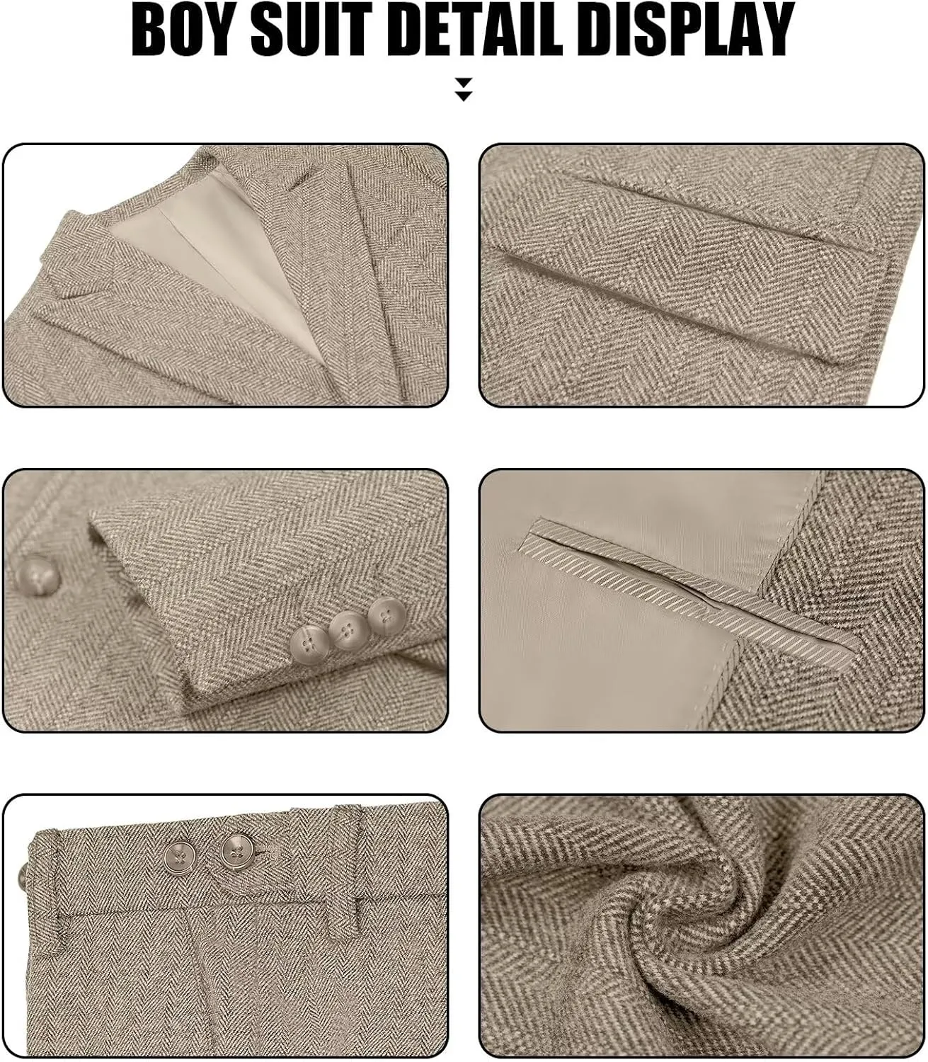 Suits for Boys Tweed Herringbone 5 Piece Toddler Kids Wedding Outfit Teen Boy Blazer Vest Pant Suit Tuxedo Set with Shirt Tie
