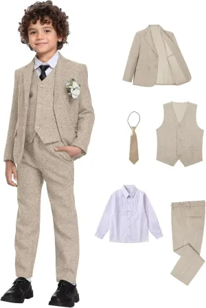 Suits for Boys Tweed Herringbone 5 Piece Toddler Kids Wedding Outfit Teen Boy Blazer Vest Pant Suit Tuxedo Set with Shirt Tie