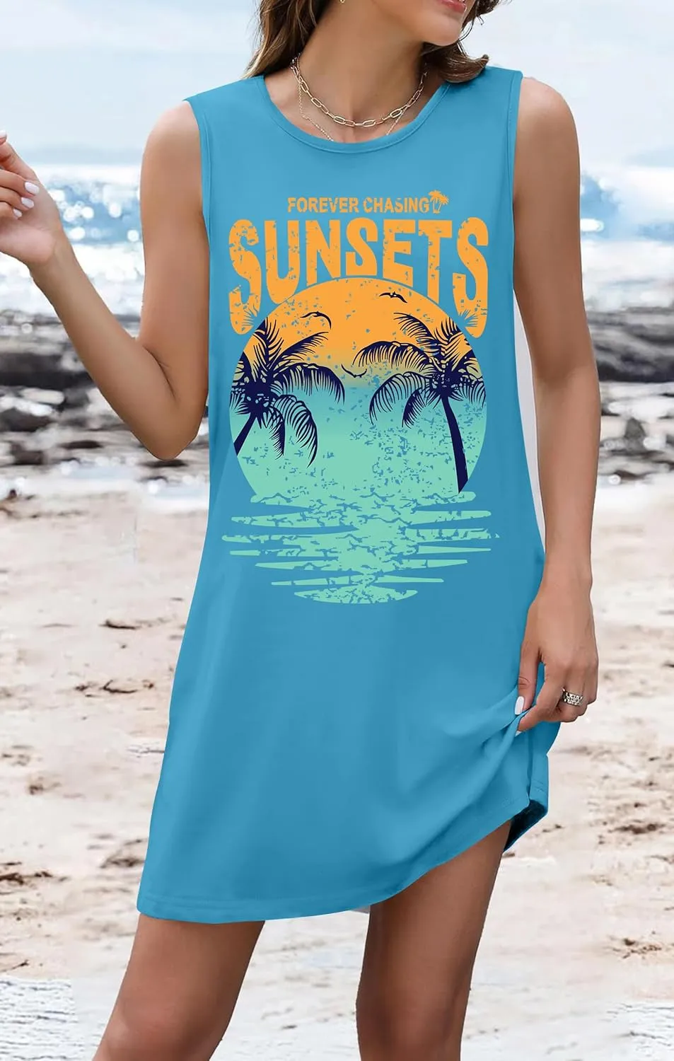 Summer Beach Dress Sundresses for Women Sunsets Graphic Mini Tank Sleeveless Hawaiian Vacation Outfits