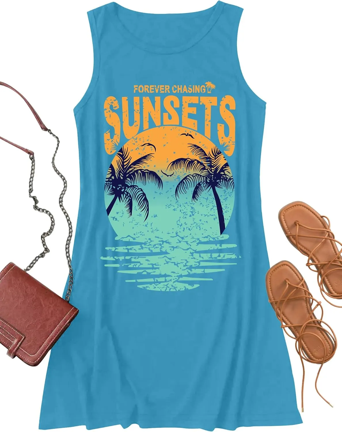 Summer Beach Dress Sundresses for Women Sunsets Graphic Mini Tank Sleeveless Hawaiian Vacation Outfits