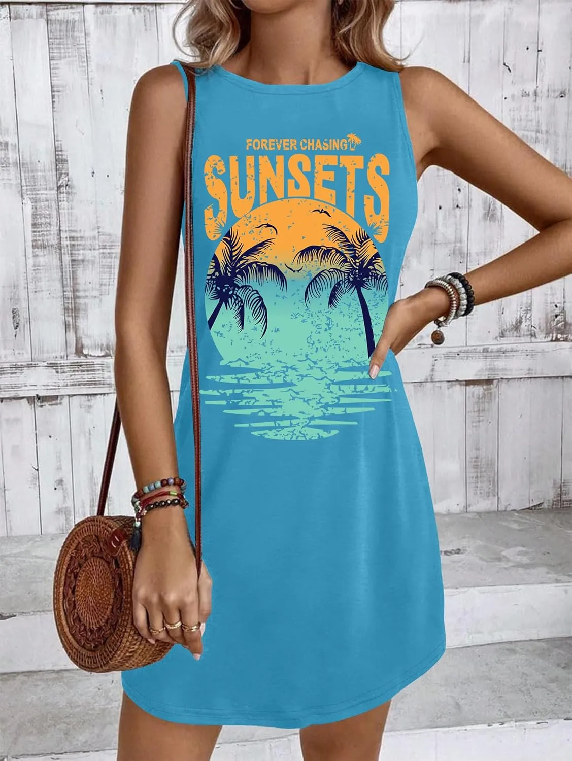 Summer Beach Dress Sundresses for Women Sunsets Graphic Mini Tank Sleeveless Hawaiian Vacation Outfits