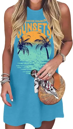 Summer Beach Dress Sundresses for Women Sunsets Graphic Mini Tank Sleeveless Hawaiian Vacation Outfits