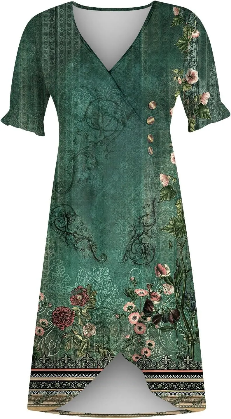 Summer Beach Dresses for Women 2024 Spring Elegant Wrap V Neck Floral Boho Dress Flowy Ruched Hawaiian Maxi Dress