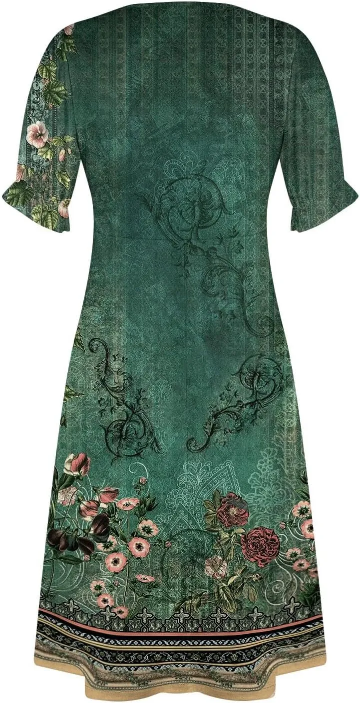 Summer Beach Dresses for Women 2024 Spring Elegant Wrap V Neck Floral Boho Dress Flowy Ruched Hawaiian Maxi Dress