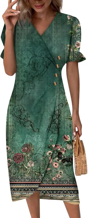 Summer Beach Dresses for Women 2024 Spring Elegant Wrap V Neck Floral Boho Dress Flowy Ruched Hawaiian Maxi Dress