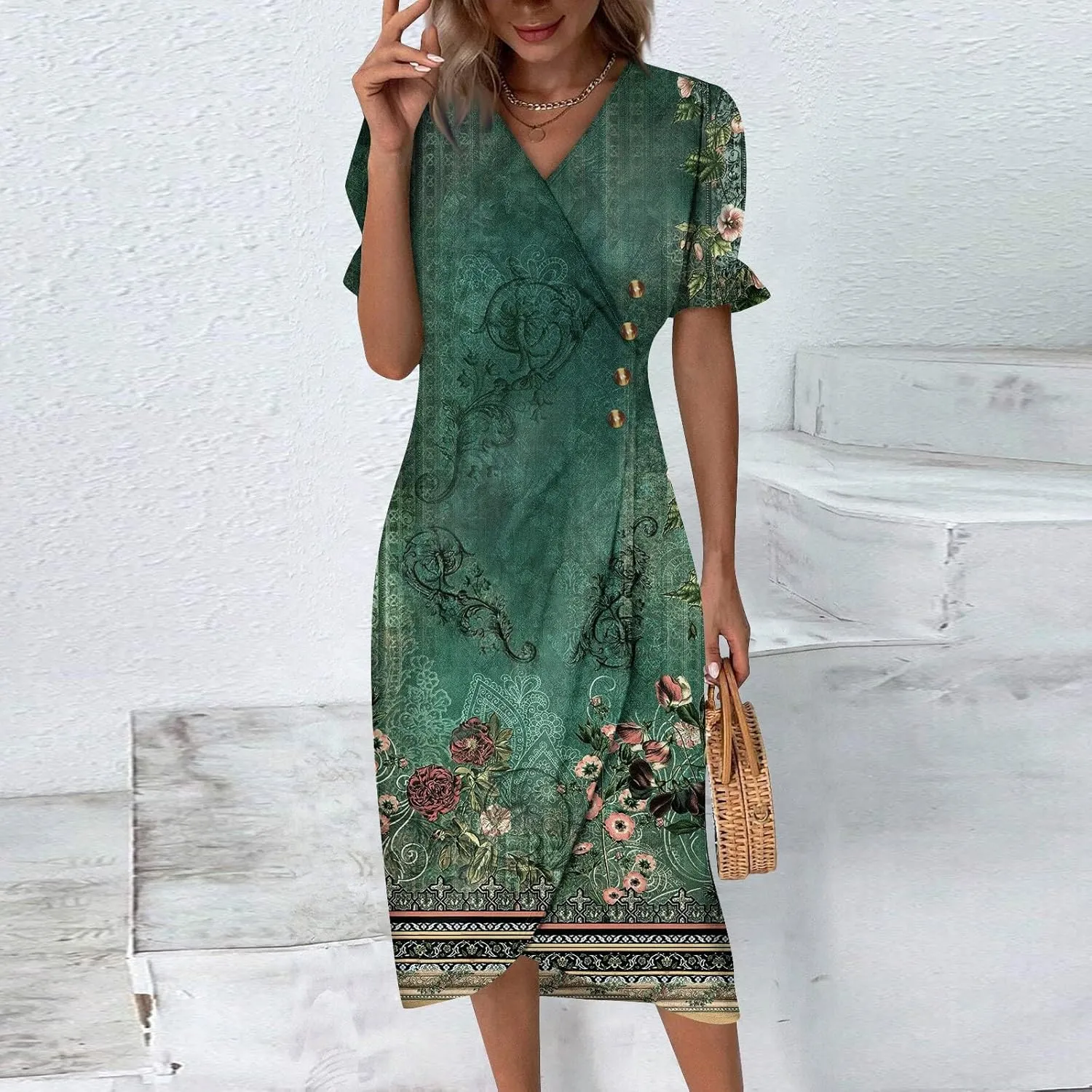 Summer Beach Dresses for Women 2024 Spring Elegant Wrap V Neck Floral Boho Dress Flowy Ruched Hawaiian Maxi Dress