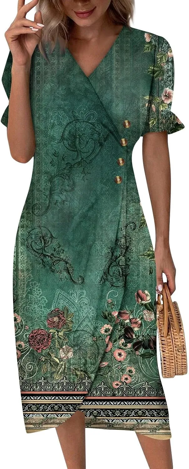 Summer Beach Dresses for Women 2024 Spring Elegant Wrap V Neck Floral Boho Dress Flowy Ruched Hawaiian Maxi Dress