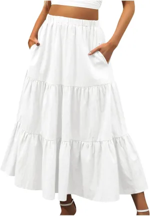 Summer Beach Maxi Skirts for Women Casual High Waisted Pleated Ruffle Swing Skirt Layered Tiered Vacation Dress
