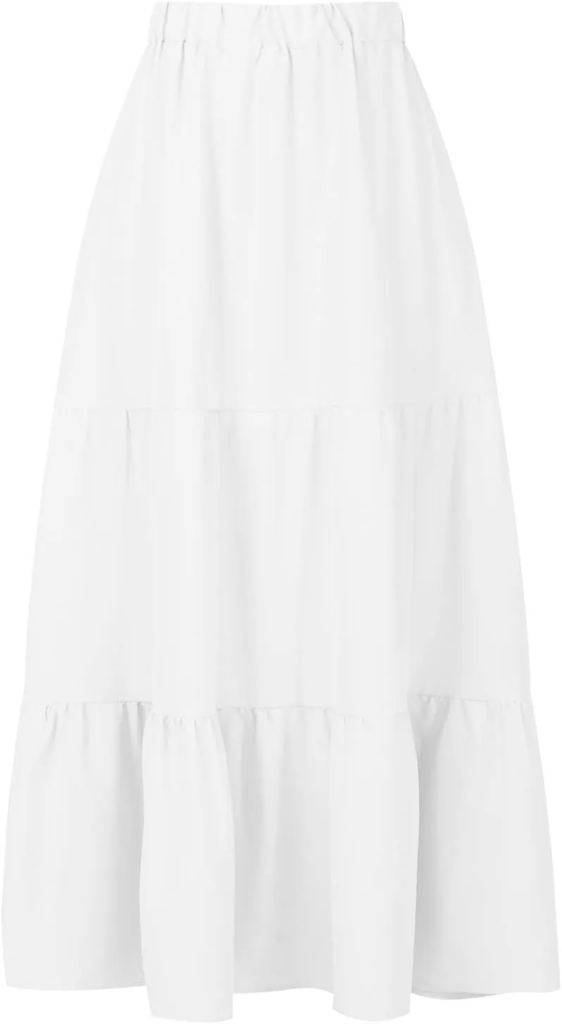 Summer Beach Maxi Skirts for Women Casual High Waisted Pleated Ruffle Swing Skirt Layered Tiered Vacation Dress