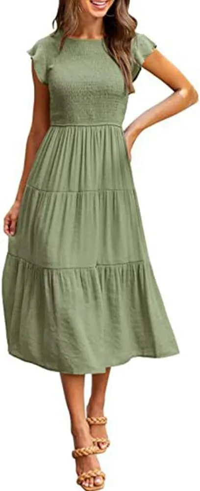 Summer Dress Flutter Short Sleeve Casual Dresses Cross Smocked Midi Swing Beach Sundress