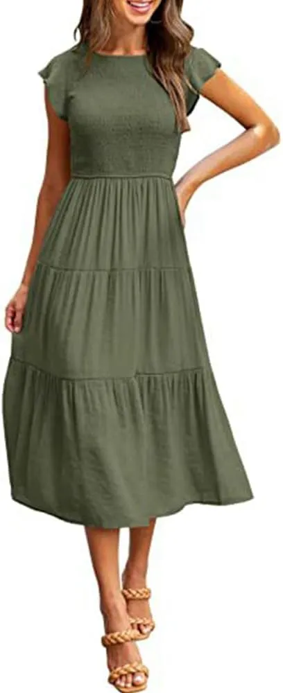 Summer Dress Flutter Short Sleeve Casual Dresses Cross Smocked Midi Swing Beach Sundress
