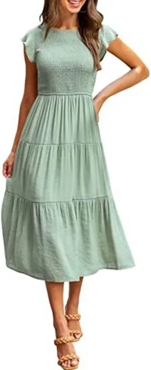 Summer Dress Flutter Short Sleeve Casual Dresses Cross Smocked Midi Swing Beach Sundress