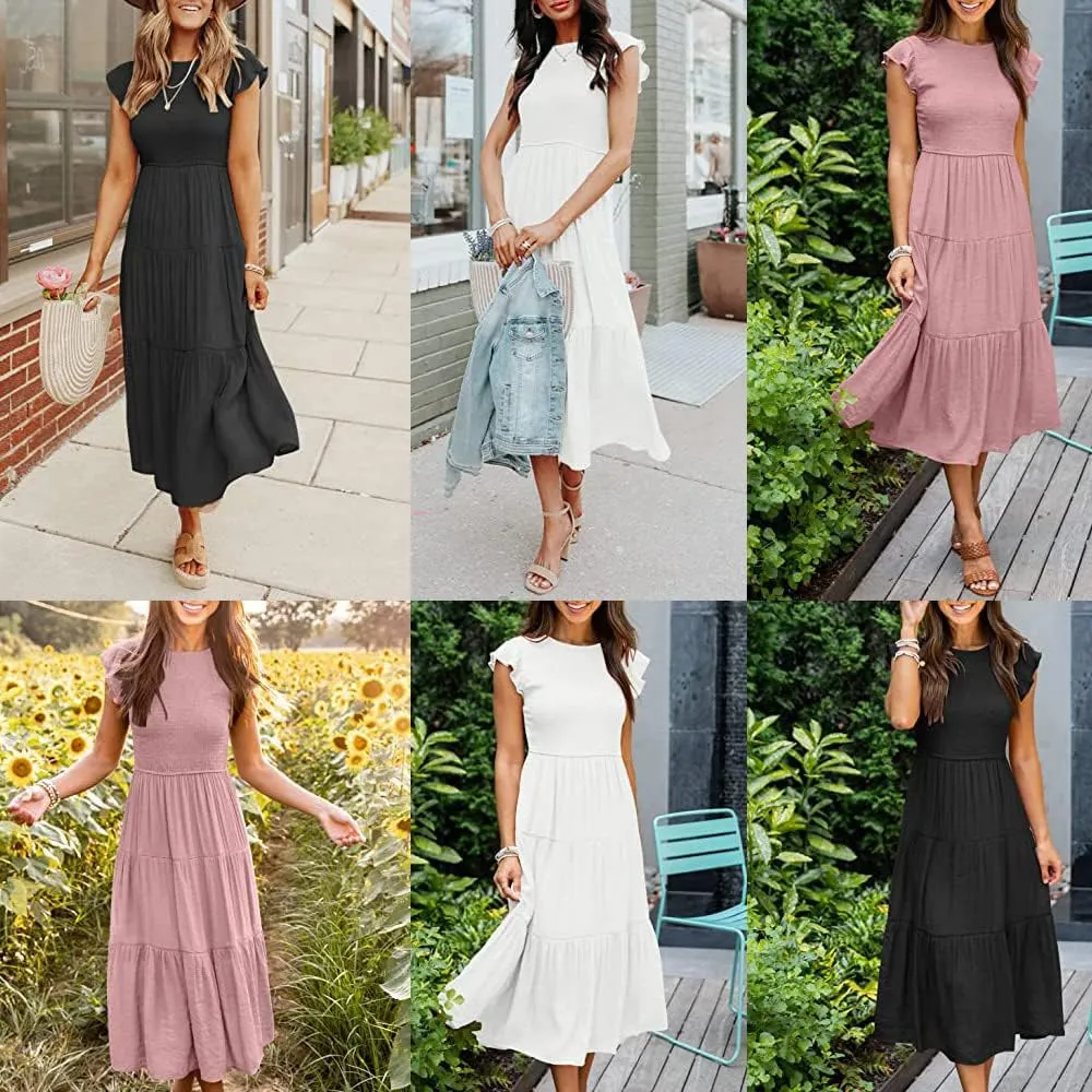 Summer Dress Flutter Short Sleeve Casual Dresses Cross Smocked Midi Swing Beach Sundress