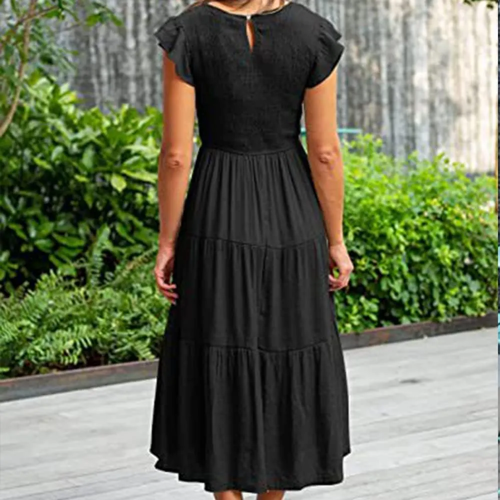 Summer Dress Flutter Short Sleeve Casual Dresses Cross Smocked Midi Swing Beach Sundress