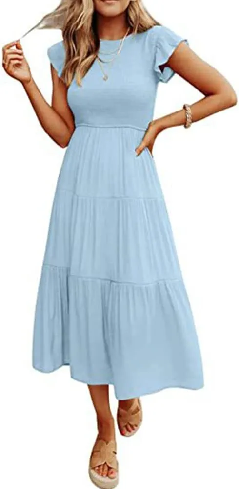 Summer Dress Flutter Short Sleeve Casual Dresses Cross Smocked Midi Swing Beach Sundress