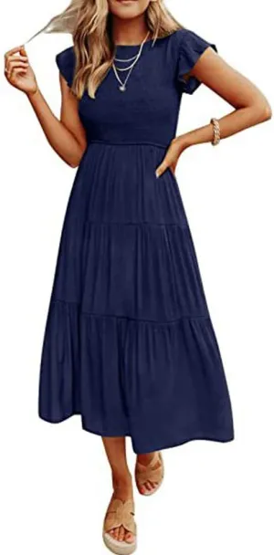 Summer Dress Flutter Short Sleeve Casual Dresses Cross Smocked Midi Swing Beach Sundress