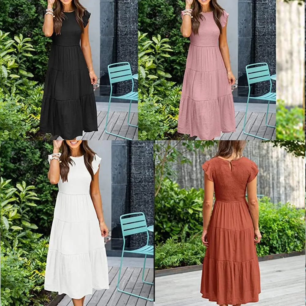 Summer Dress Flutter Short Sleeve Casual Dresses Cross Smocked Midi Swing Beach Sundress