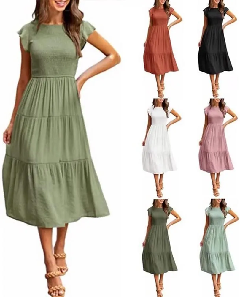Summer Dress Flutter Short Sleeve Casual Dresses Cross Smocked Midi Swing Beach Sundress