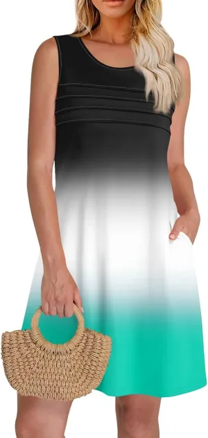 Summer Dresses for Women 2025 Casual Crewneck Sleeveless Tunic Dress Gradient Color Flowy Sundress with Pockets